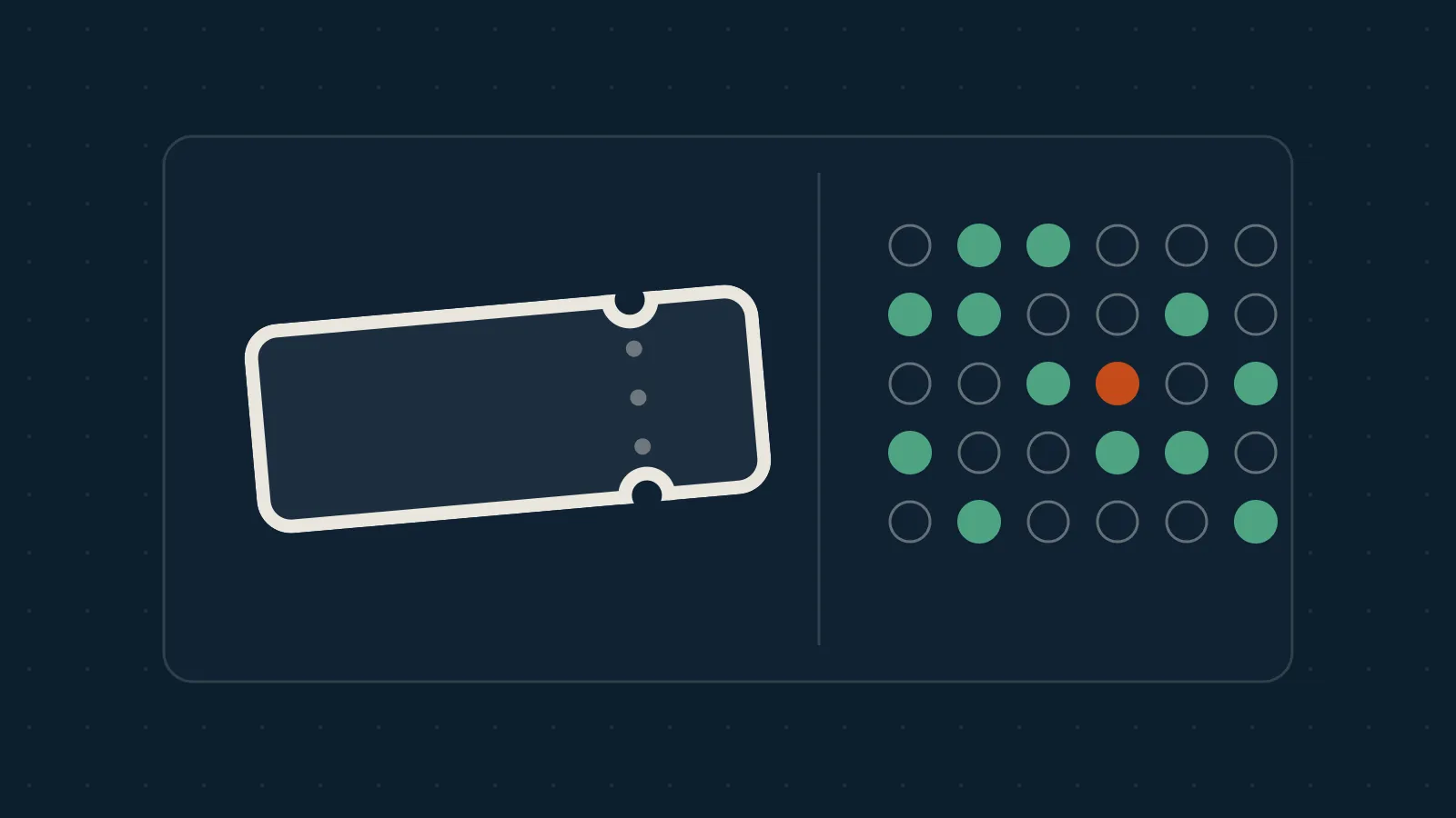 An event ticket outline beside a seating plan of booked and free seats, on dark blue.